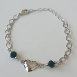Pulseira Elos Pingente Coração Liso Pedra Verde