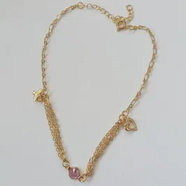Tornozeleira Pingentes Coração Cristal Rosa